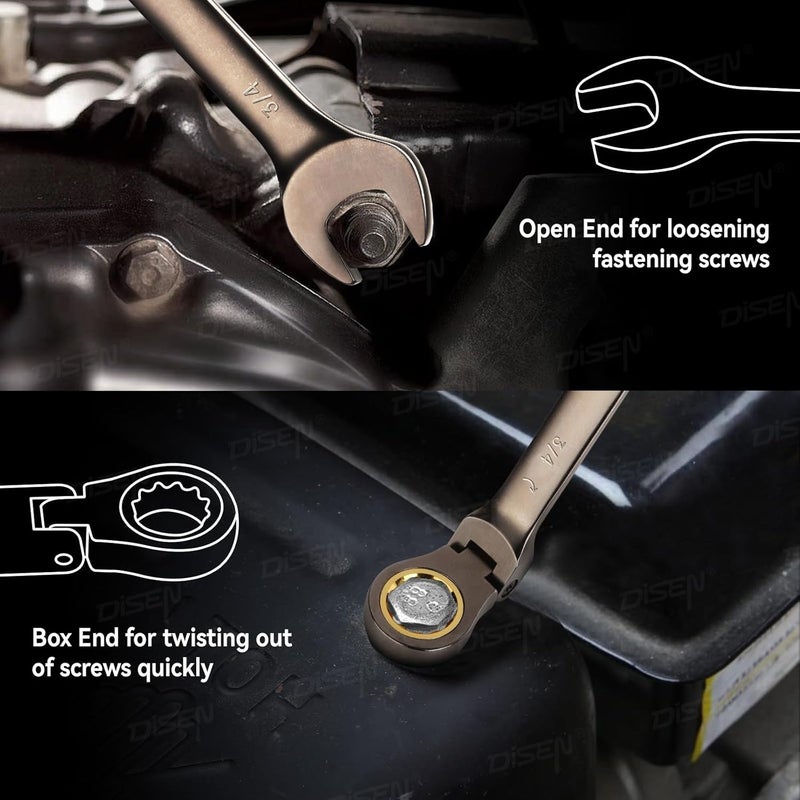 DISEN 12 Pcs Flex Head Ratcheting Wrench Set 90 Teeth, Combination Ratchet Wrenches Set SAE1/4 to 3/4", Cr-V Steel, 12-Point, Nickel Plating with Organizer Rack Visit the Store - Image 4